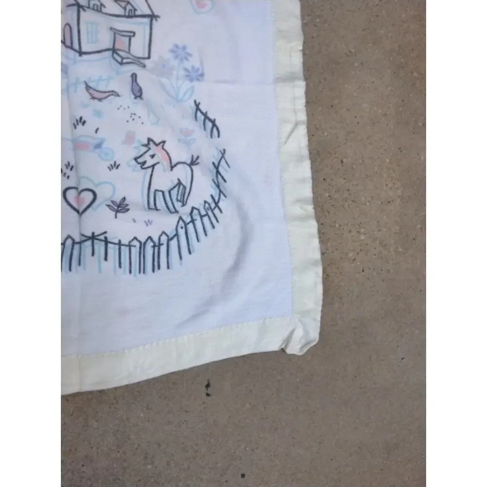 Vintage Cotton Baby Blanket Farm House Goose Cow Horse Dog 33x36